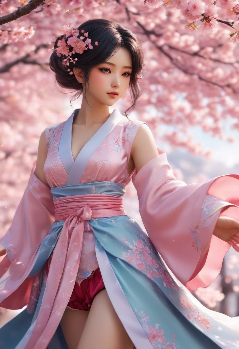 A captivating illustration showcasing a vibrant and colorful scene featuring an elegant anime character in a dynamic pose, surrounded by soft cherry blossom petals. Elements of fantasy with tasteful eroticism, showcasing rich details in the character’s attire and expressions. The background should be a dreamy blend of pastel colors, hinting at a mystical ambiance. Ideal for capturing the essence of adult anime and its allure. super-realistic. vibrant colors. 3D.