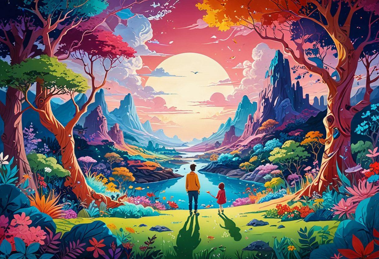 A surreal representation of a vibrant world where animated characters interact in a colorful, dream-like environment symbolizing the influence of hentai on perceptions of sexuality. The backdrop features a split scene: one side representing traditional relationships and the other side depicting whimsical, fantasy elements from hentai. Incorporate diverse characters with expressive faces, showcasing a blend of emotions. The overall mood is playful yet thought-provoking. vibrant colors. surrealism.